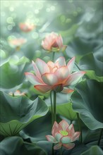 Delicate composition of bright pink lotus flowers with soft green leaves. The background has a