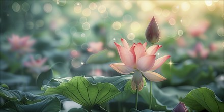 Delicate composition of bright pink lotus flowers with soft green leaves. The background has a