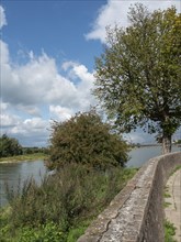 River landscape with walkway running along a wall with trees and sky in the background, zutphen,