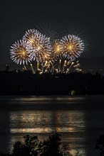 Fireworks over a lake with a reflection in the water