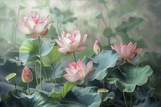 Delicate composition of bright pink lotus flowers with soft green leaves. The background has a