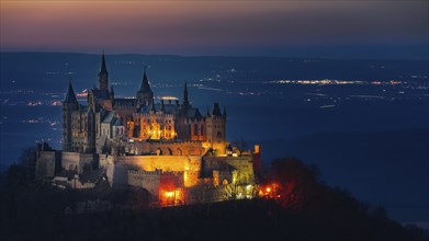 Hohenzollern Castle, the ancestral seat of the House of Hohenzollern, photographed in the evening