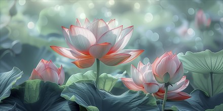 Delicate composition of bright pink lotus flowers with soft green leaves. The background has a