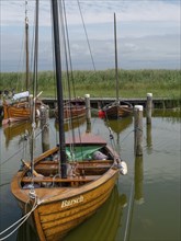 A small wooden boat lies in the quiet harbour, surrounded by reeds and water, under a cloudy sky,