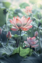 Delicate composition of bright pink lotus flowers with soft green leaves. The background has a