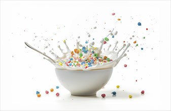 High speed shot of a breakfast bowl with a spoon dropping into the milk causing splashes of