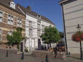 Several historic buildings and a street with trees and a summer atmosphere, maastricht. netherlands