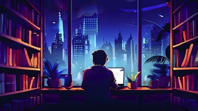 Vector art depiction of a user interacting with a laptop hidden away in a warm home ambiance, AI