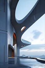 Minimalistic grey colored architecture in geometric adorned structures against a surreal backdrop,