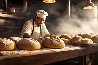 Fresh loaves of bread dominate the foreground of an industrial bakery, AI generated