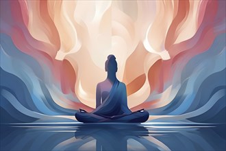 Abstract illustration of a tranquil figure in an asana yoga pose with fluid lines in soothing