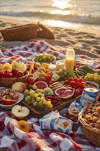 Picnic scene with healthy food and snacks on a sunny sandy beach, AI generated