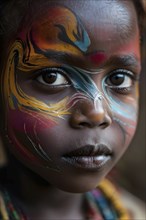 Close up Portrait of a child with a vibrant splash of face paint, AI generated