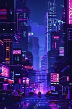 Pixel art of a cyberpunk city scape at night with neon infused skyline, AI generated