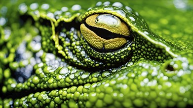 Close up on the wrinkled skin of a grass frog with intricate patterns and vibrant hues, AI