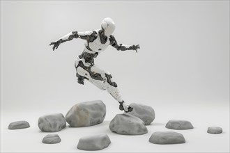 Futuristic humanoid cyborg running and jumping over rocks in front of a white background, AI