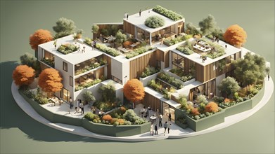 3d render of a compact community of interconnected artists studios in co living, AI generated