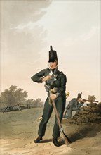 Scene from everyday life in England around 1810, North York militia, soldier with musket,