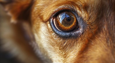 A close up of a dog eye. A friendly cute pet portrait, AI generated