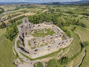 Aerial view of castle Staufen, ruin on hill at village Staufen, south of Freiburg Breisgau,