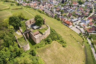 Ruin of castle Lichteneck, near village Hecklingen, aerial view, Breisgau, Germany, Europe