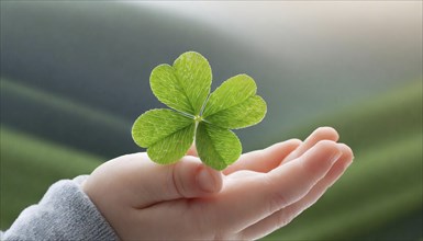 A shamrock is held on a palm, baby, symbolises happiness and nature, AI generated, AI generated