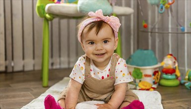 Smiling baby with pink hairband sitting on wooden floor surrounded by toys in children's room, AI