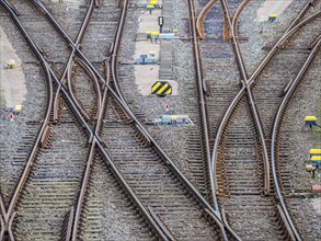 Railway switches, multiple directions, Hamburg harbor, Germany, Europe