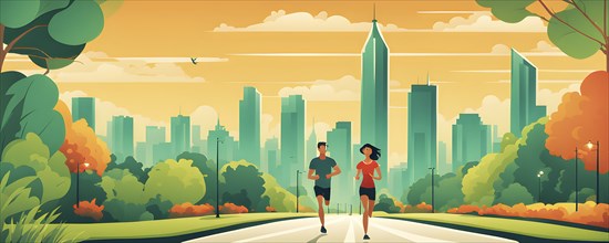 Vector cartoon illustration of a young couple jogging in a city park in summer, AI generated