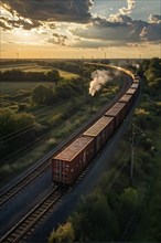 Aerial view of a modern freight train with reflective metallic surfaces, AI generated