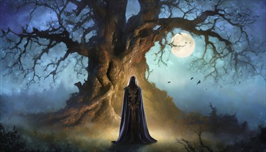 Icon, graphic, a vampire in a long cloak standing in front of an ancient, massive old tree, AI