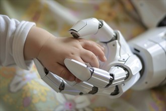 Small baby reaching hand for white artificial intelligence robot. Generative Ai, AI generated