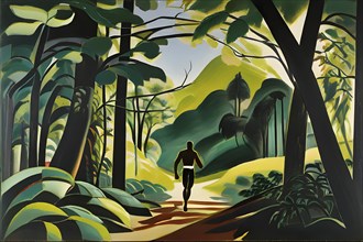 Wallpaper illustration of a jogger running through a park in vibrant summer colors, AI generated