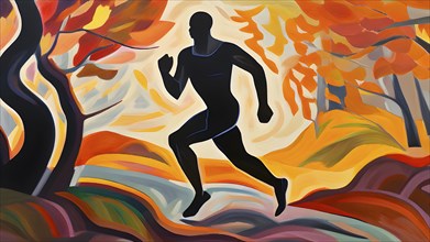 Wallpaper illustration of a jogger running through a park in vibrant autumn colors, AI generated