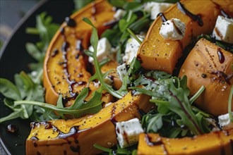 Close up of salad with baked pumpkin slices with rucola lettuce and feta cheese. Generative ai, AI