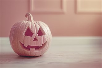 Pink carved Halloween pumpkin with spooky face. Generative AI, AI generated