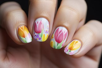 Clos eup of woman's fingernails with seasonal tulip spring flower nail art design. KI generiert,