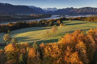 Aerial view of a mountain landscape in autumn, trees, morning light, view of Zugspitze and Bavarian