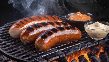 Food, dishes, two sausages on a charcoal grill with glowing charcoal, AI generated, AI generated