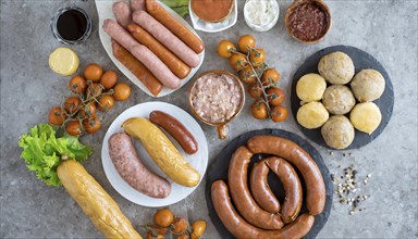 Food, dishes, different types of sausage on a table, AI generated, AI generated