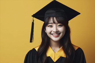 Smiling Asian young woman in graduation cap hat and cape on yellow studio background. KI generiert,