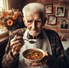 A lonely old man, a senior citizen, spoons his soup, AI generated, AI generated