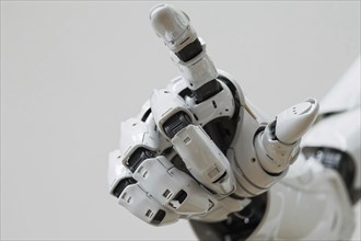 White artificial intelligence robot hand pointing at camera. KI generiert, generiert, AI generated