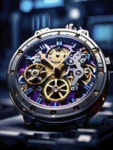 AI generated mechanical watch close up with shimmering digital component