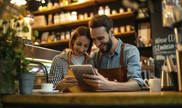 Young Caucasian couple in cafe working with tablets to browse internet, AI generated