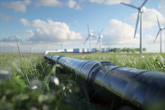 Hydrogen pipeline with wind turbines. KI generiert, generiert, AI generated