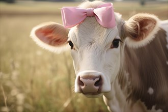 Cute cow with pink ribbon on head. KI generiert, generiert, AI generated