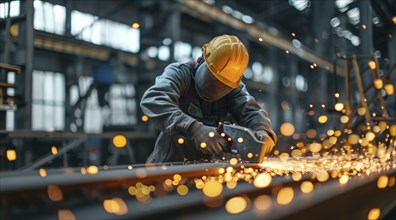 Worker in industrial factory working on steel production manufacturing line with welding equipment,