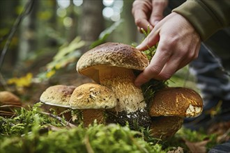 Hand picking up large brown Boletus mushroom in forest. KI generiert, generiert, AI generated