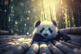 Cute panda cub in a lush bamboo grove, The image showcases the beauty and serenity of nature and